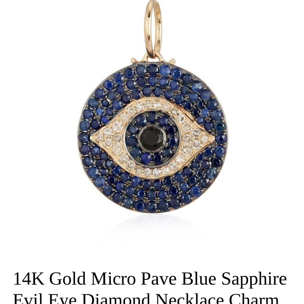 14K Gold Micro Pave Blue Sapphire Evil Eye Diamond Necklace (Charm).